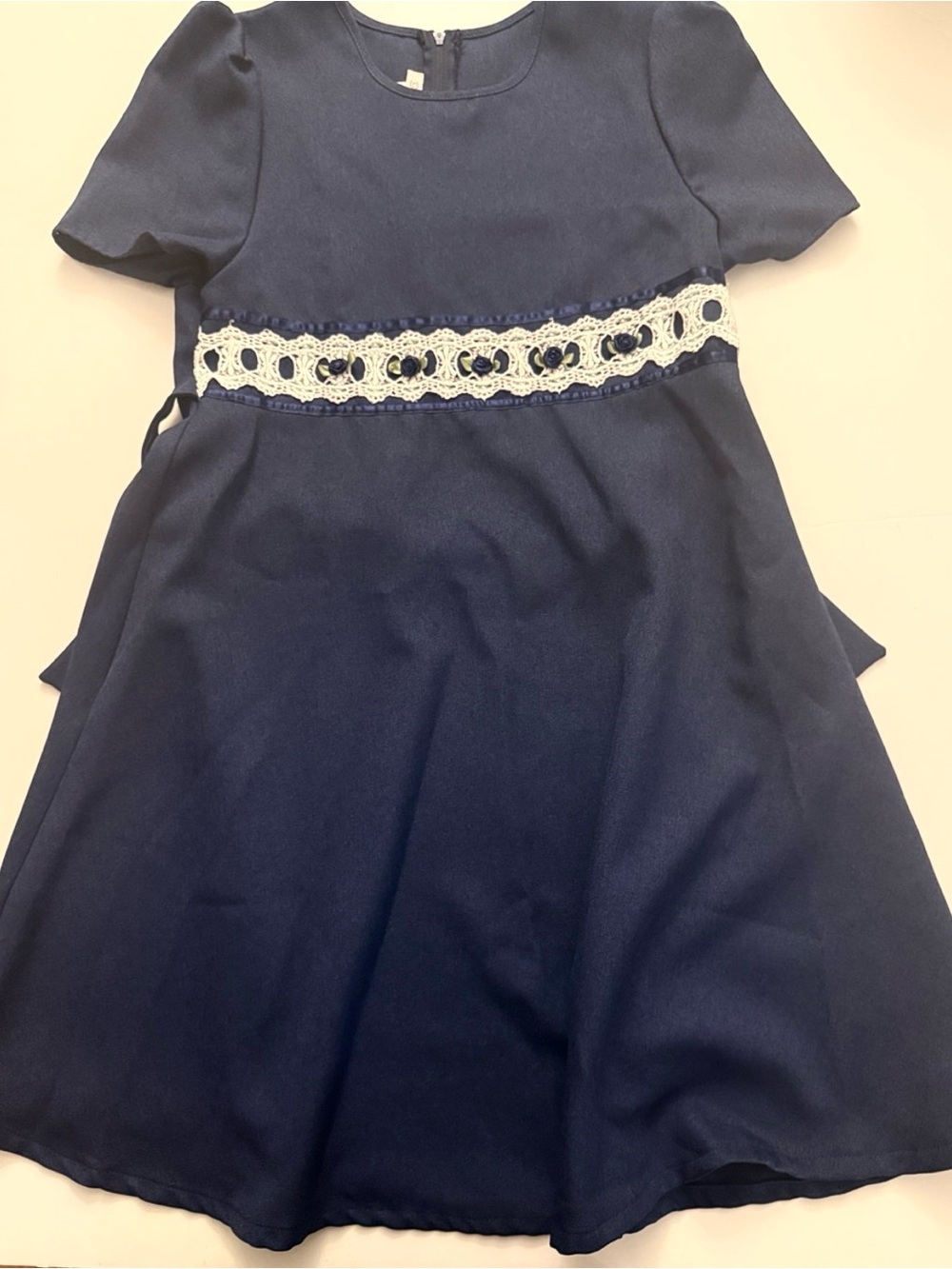 Bonnie Jean Navy Dress with White Lace Waistband Vintage